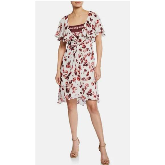 Max Studio Dresses & Skirts - Max Studio London Floral-Print Ivory Burgundy Flounce Chiffon Dress Women Sz 0
